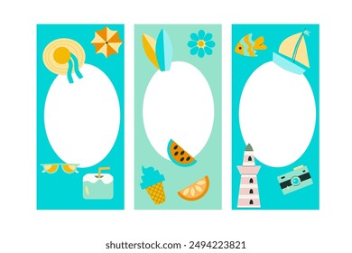 Set of Geometric Summer Stories. Vertical social media posts. Flat style. Geometric Summer travel backgrounds for banner, greeting card, summer beach poster and advertising - summer fun concept.