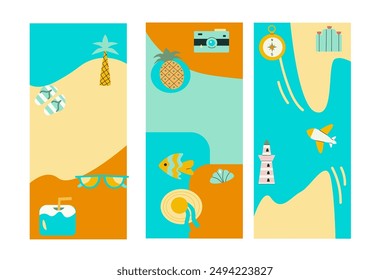 Set of Geometric Summer Stories. Vertical social media posts. Flat style. Geometric Summer travel backgrounds for banner, greeting card, summer beach poster and advertising - summer fun concept.