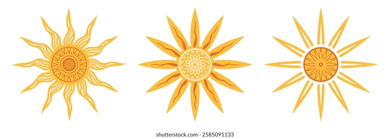 Set of geometric suns isolated on white background, vector design