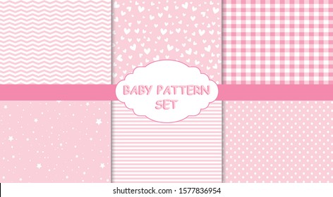 Set of geometric sweet pink seamless patterns ,pink dotted background.
Vector illustration wallpaper, cover ,textile swatch line ,star,zigzag,hearts, stripe, checkered girl baby shower