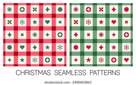 Set of geometric symbol elements with plaid pattern design for christmas and new year background.
