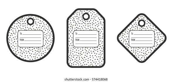Set of geometric tags with doodle dots pattern and place for text. Black and white design.