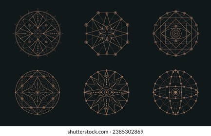 Set of geometric tattoo icons. Set of nine symbols of sacred geometry. Linear character illustration for tattoo black background