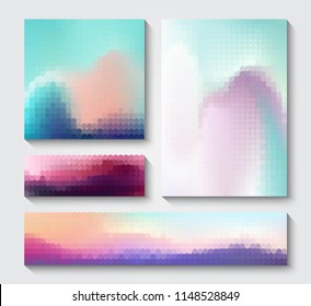 Set of geometric templates, abstract background with colorful dots, banner and postcard design