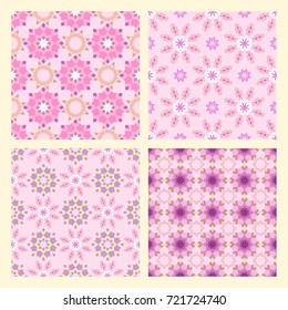 Set of geometric tender pink seamless patterns.