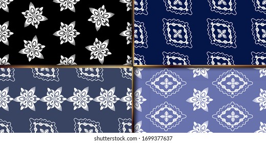 Set of geometric textile ornament seamless patterns oriental bold fabric print. Floral surface design