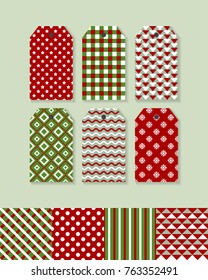 Set of geometric texture Christmas and New Year ready-to-use gift tags or labels. Red and green colors.