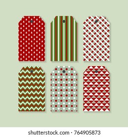 Set of geometric texture Christmas and New Year ready-to-use gift tags or labels. Red and green colors.