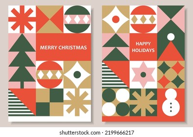 Conjunto de diseños geométricos de fondo navideño en mosaico. Aplicable a tarjeta de saludo, afiche, volante, banner web, etc. 