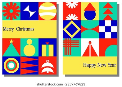 Set of geometric tile Christmas background designs with multicolored elements. For greeting card, poster, flyer, web banner, decoration etc.