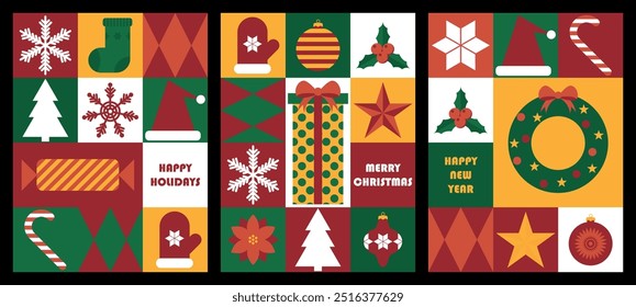 Set of geometric tile Christmas background designs. Design for greeting card, poster, flyer, web banner, etc. Vector illustration