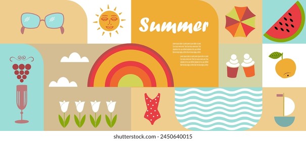 Set of geometric tiles with different summer icons and abstract shapes. Applicable to card, print, poster, etc. Vector illustration. Bauhaus style.