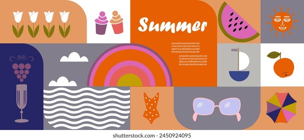 Set of geometric tiles with different summer icons and abstract shapes. Applicable to card, print, poster, etc. Vector illustration. Bauhaus style.