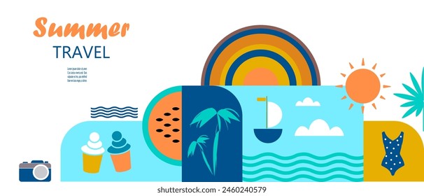 Conjunto de baldosas geométricas con diferentes iconos de viajes de verano y Formas abstractas. Aplicable a la tarjeta, impresión, póster, etc. Ilustración vectorial. 