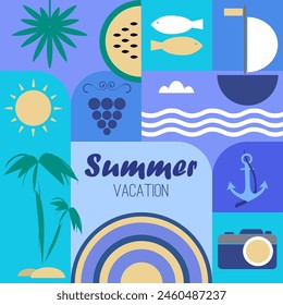 Set of geometric tiles with different summer travel and vacation icons and abstract shapes. Applicable to card, print, poster, etc. Vector illustration. 