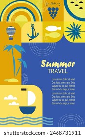 Set of geometric tiles with different summer travel and vacation icons and abstract shapes. Applicable to card, print, poster, etc. Vector illustration. 