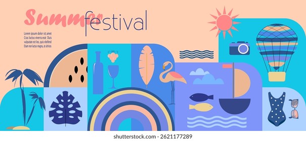 Set of geometric tiles with different summer festival and vacation icons and abstract shapes. Applicable to card, print, poster, etc. Vector illustration. 