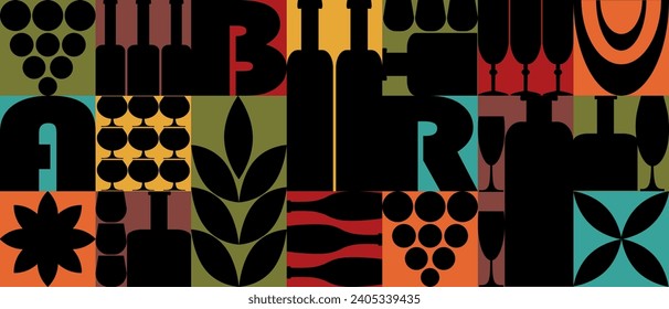 Set of geometric tiles with different wine icons and abstract shapes. Applicable to wine bar, restaurant, wine list, etc. Vector illustration. Bauhaus style.