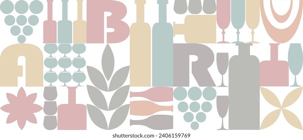 Set of geometric tiles with different wine icons and abstract shapes. Applicable to wine bar, restaurant, wine list, etc. Vector illustration. Bauhaus style.