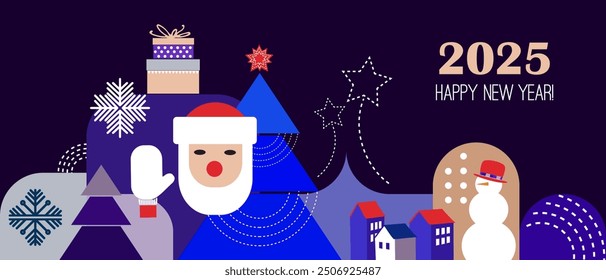 Set of geometric tiles with different winter and New Year icons and abstract shapes. Applicable to festive card, print, poster, etc. Vector illustration. Happy New Year and Christmas card.