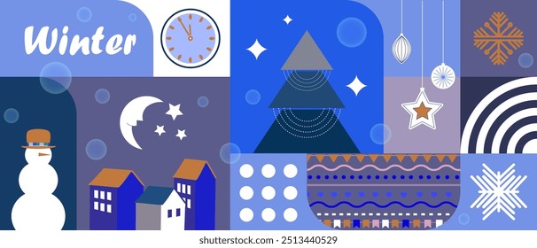 Conjunto de azulejos geométricos con diferentes iconos de invierno y año Nuevo y Formas abstractas. Aplicable a la tarjeta festiva, impresión, cartel, etc. Ilustración vectorial.