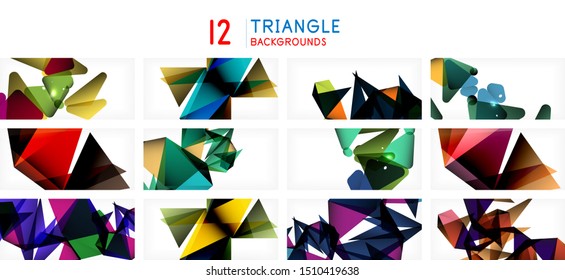 Conjunto de fondos abstractos de triángulo geométrico. Triángulos repetidos sobre fondo blanco. Patrones de textura comercial o tecnológica