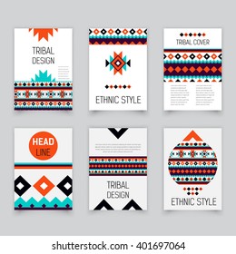 Set of geometric tribal colorful flyers, brochure templates, design elements, modern tribal pattern, gift card  - stock vector