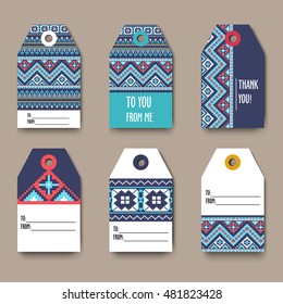 Set of geometric tribal colorful tags with Aztec pixel pattern, label templates, design elements, modern tribal pattern, gift card - stock vector