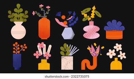 Set  geometric vases with bouquets of flowers in a trendy cartoon style with noises. Botanical elements, spring stickers with plants