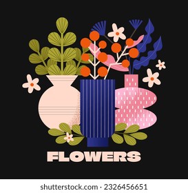 Set geometric vases with bouquets of flowers in a trendy cartoon style with noises. Botanical elements, spring stickers with plants