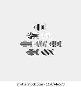 Set of geometric vector abstract black and white fish, fish with pattern, design elements, fishing