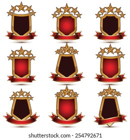 Set of geometric vector glamorous golden elements isolated on white backdrop, 3d polished stars, protection shields with red ribbon. Five stars branded symbols collection.