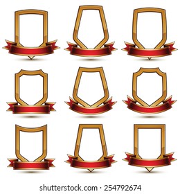Set of geometric vector glamorous golden elements isolated on white backdrop, 3d polished lockets, protection shields with red ribbon.  Decorative branded symbols collection.