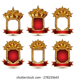 Set of geometric vector glamorous golden elements isolated on white backdrop, 3d polished stars, protection shields with red ribbon. Five stars branded symbols collection.