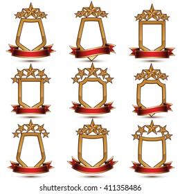 Set of geometric vector glamorous golden elements isolated on white backdrop, 3d polished stars, protection shields with red ribbon. Five stars branded symbols collection.