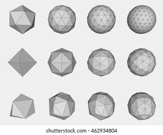 Set of  geometric vector mesh sphere constructed with connected triangles. Futuristic technology style. Low poly form.