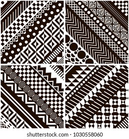 Set Geometric vector ornaments on a square tile. Black and white. Optical illusion.