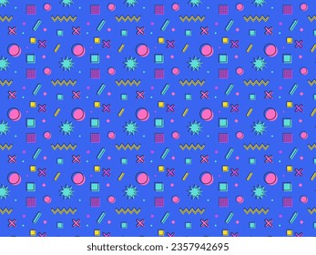 Set of geometric vector pattern. 90s geometric shapes. Pattern of memphis design, retro elements for web vintage. Advertisement, comercial banner, poster, flyer. Line shape. Blue background.