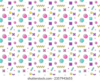 Set of geometric vector pattern. 90s geometric shapes. Pattern of memphis design, retro elements for web vintage. Advertisement, comercial banner, poster, flyer. Line shape. White background. Colorful