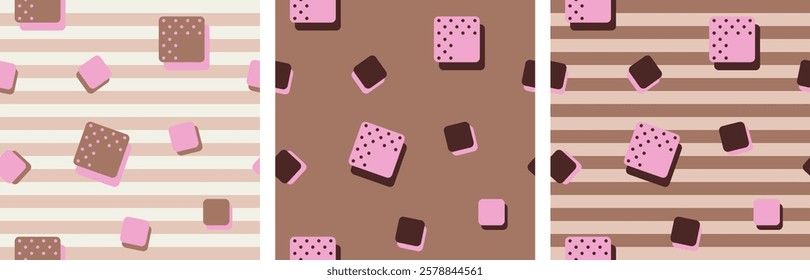 Set of geometric Vector seamless pattern. Pink brown cubes on Mocha Mousse beige color striped background. Retro style. Geometry wallpaper. Squares. Chocolate cute print. Simple graphic. Joyful mood.