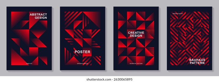Conjunto de vetor geométrico trendy vermelho e preto bauhaus padrão fundos conjunto. Cartazes criativos de cores brilhantes com design geométrico dos anos 20 para design de capa, mídia social, catálogo, interior, anúncios.