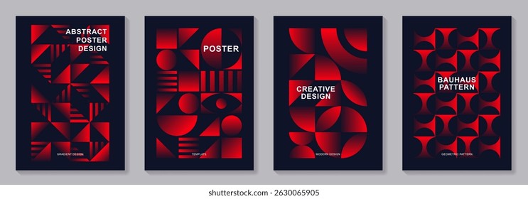 Conjunto de vetor geométrico trendy vermelho e preto bauhaus padrão fundos conjunto. Cartazes criativos de cores brilhantes com design geométrico dos anos 20 para design de capa, mídia social, catálogo, interior, anúncios.