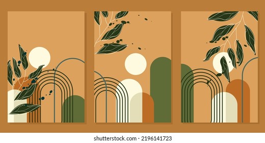 set of geometric wall decor designs with hand drawn leaf patterns. aesthetic background