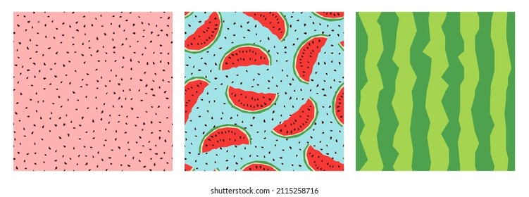 Set of geometric watermelon seamless patterns. Slices, seeds, watermelon peel texture. 1980 - 1990's fashion style. Vector design for textile, wrapping paper, greeting cards.