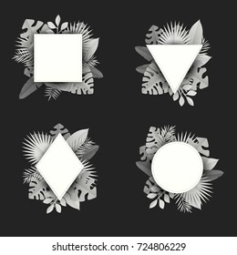 Set of geometric white banners with exotic green tropical leaves in paper cut style. Template background for branding, advertising, promote, coupon, voucher, greeting card. Vector illustration.