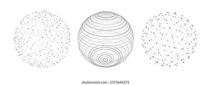 Set of geometric white spheres with connecting dots and lines. Abstract color shapes with noise effect on white background. Vector illustration.