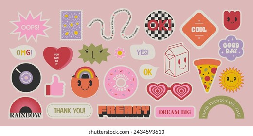 Set of geometric y2k stickers, patches, labels, tags. Smiling face cartoon characters, text stamps, abstract shapes. Retro design collection. Funky vector graphic