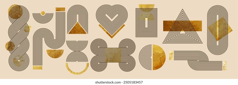 Conjunto de arco zen geométrico y Formas abstractas con patrón de rayas y textura dorada. Elementos de Vector en la estética boho de moda