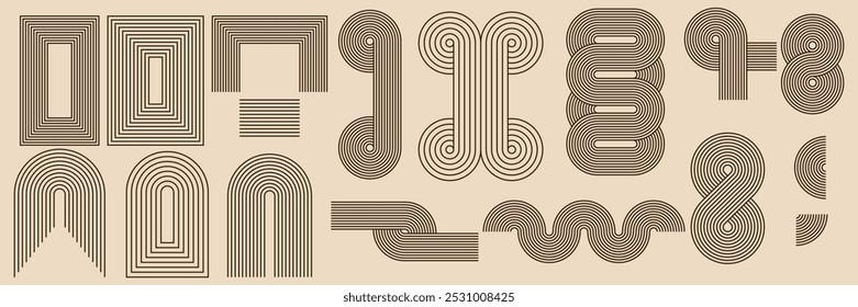 Conjunto de arco zen geométrico y Formas abstractas con patrón de rayas. Elementos de Vector en estilo bohemio de moda