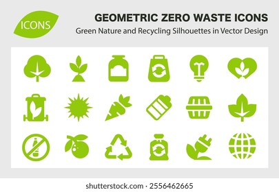 Set of Geometric Zero Waste Icons, Green Nature and Recycling Silhouettes in Minimalist Vector Design